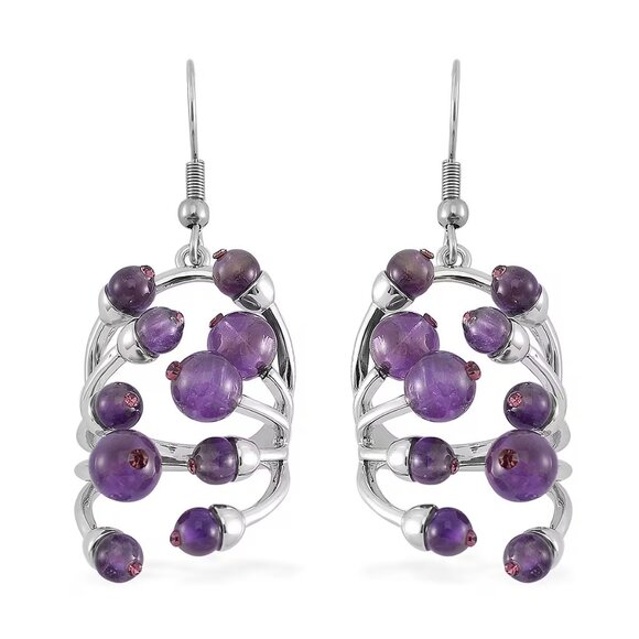 African Amethyst and Purple Austrian Crystal Earrings in Silvertone - Picture 1 of 3